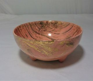 Sascha Brastoff Mcm Art Pottery Surf Ballet Footed Bowl Pink Gold Swirls