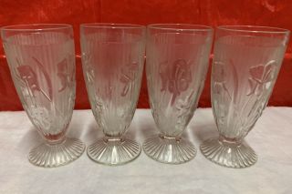 Set Of 4 Vintage Jeannette Glass Clear Iris & Herringbone 6 " Footed Tumblers