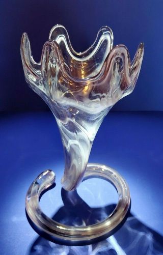 Stunning Hand Blown Clear And White Art Glass Trumpet Vase - Flawless