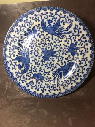 Vintage Blue & White Phoenix Bird China Luncheon Plates 8”1/2 Japan Hand Paint