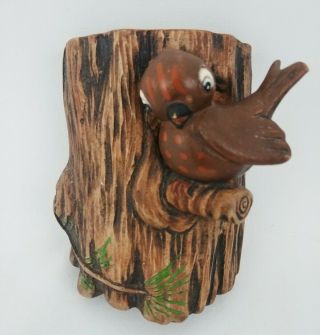 Vintage Cute Brown Bird Tree Wall Pocket Vase Ceramic Decor 4.  5 " Mcm