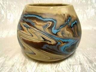 Vintage Nemadji Swirl Vase 5 " Art Pottery Handmade Blue Black & Orange Bits