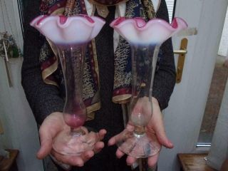 Pair 1920s Era Frilled Vaseline Cranberry Crimped Top Glass Vases Lovely Cond