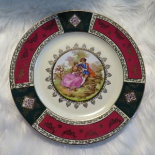 Jkw Western Germany Fine Porcelain Plate Romantic Signed Fragonard Gold Burgundy