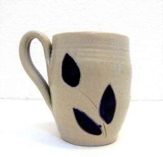 Williamsburg Stoneware Pottery Mug Cup Blue Leaf Gray Salt Glaze