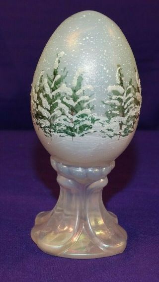 Hand Painted Fenton Art Glass Egg Christmas Trees Iridescent Signed