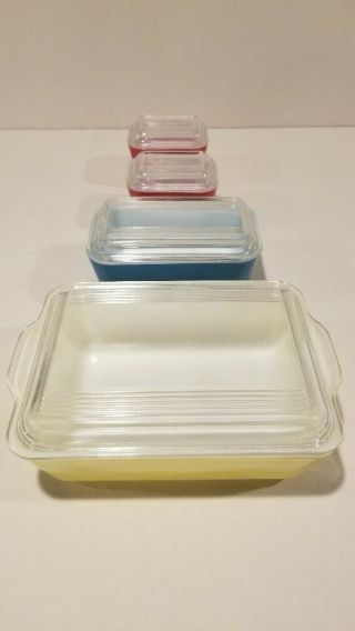 Vintage Pyrex Casserole Dishes All With Ribbed Lids: Yellow,  Blue,  And Red (2)