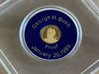 1989 George H Bush Gold Inaugural Miniature 24kt Gold Proof Medal.  3 Grams Case