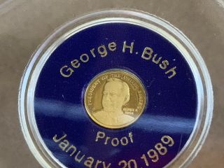 1989 GEORGE H BUSH GOLD INAUGURAL MINIATURE 24KT GOLD PROOF MEDAL.  3 grams CASE 3