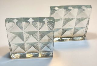 2 Vintage Mid Century Blenko Glass Bookends Ice Pyramid Diamonds Don Shepherd
