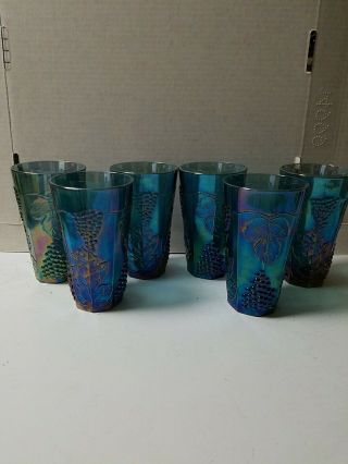 6 Vintage Indiana Blue Carnival Glass Tumblers W/ Harvest Grape 5 " 7/8 Tall