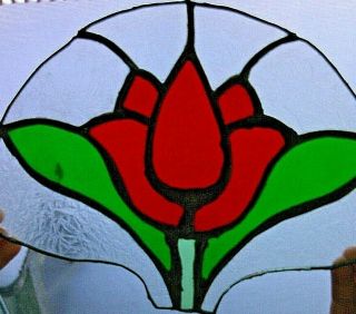 Vintage Stained Glass Panel Floral Design Etched Red Flower Green Leaves Art Old