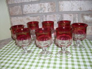 Set Of 8 Tiffin Kings Crown Ruby Cranberry Thumbprint Cordial Glasses 4 1/4”