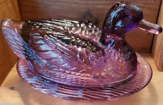 Vintage Westmoreland Purple Glass " Duck On Nest " Covered Dish