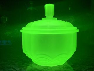 Vintage Frosted Green Uranium Glass Jar With Lid