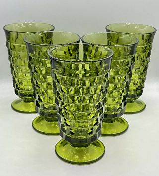 Set Of 5 Vintage Colony Whitehall Avocado Green Footed Cube Iced Tea Glasses