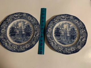 (2) Liberty Blue Independence Hall Dinner Plate (2) Ironstone Staffordshire 10 "
