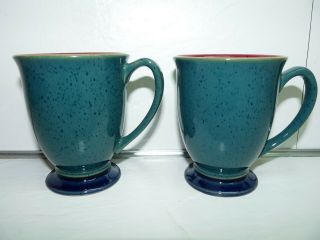 Denby Harlequin England Pair Green Coffee Mugs Blue Pedestal Red Inside