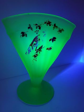 Vintage Uranium Green Glass Fan Shaped Pedestal Vase Hand Painted