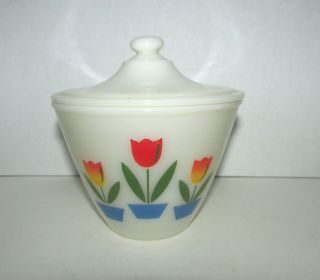 Vintage Fire King Oven Ware Milk Glass Tulips Grease Jar Bowl With Lid 5.  75 " D