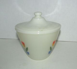 Vintage Fire King Oven Ware Milk Glass Tulips Grease Jar Bowl with Lid 5.  75 