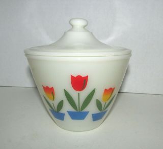 Vintage Fire King Oven Ware Milk Glass Tulips Grease Jar Bowl with Lid 5.  75 