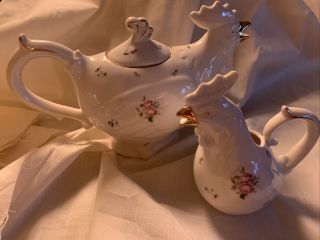 Graces’s Teaware Rooster Teapot And Creamer Fine Porcelain
