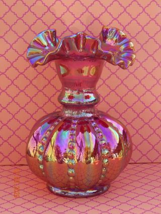 Fenton Cranberry Red Carnival Glass Iridescent Beaded Melon Vase