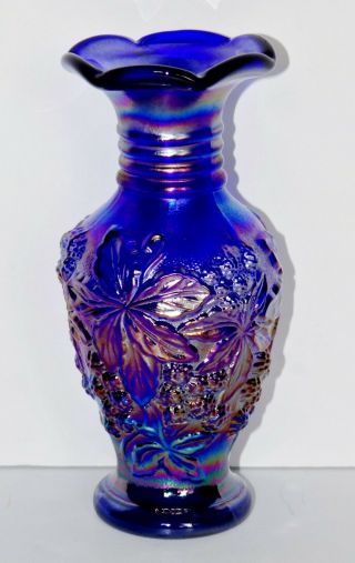 Imperial Carnival Glass Loganberry Vase Iridescent Purple Cobalt Blue 6 "