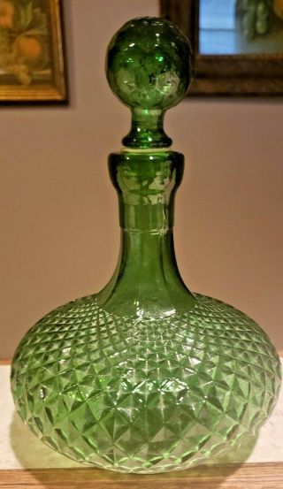 Vintage Mid Century Empoli Glass Green Diamond Decanter Genie Bottle Italy - Mark