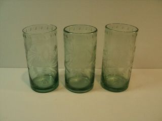 Set Of 3 Vintage Green Glass,  Wheel Cut,  Heavy Drinking Glasses,  Tumblers