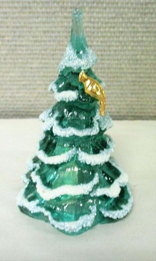 Vtg Fenton Spruce Green Glass Flocked Tree W/ Cardinal 3 - 1/4 " Christmas