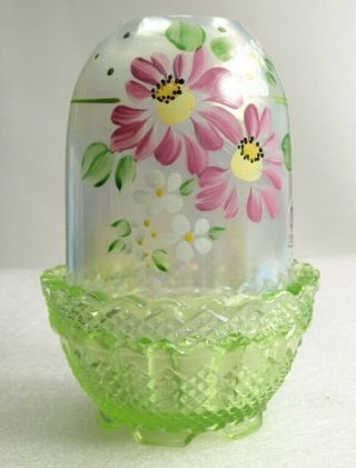 Fenton Fairy Lamp Light Green With Pink Flowers Handpainted/signed/label/box