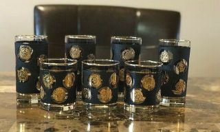 Vintage Libbey Black And Gold Coin Drinking Glasses Tall And Short 7 Total