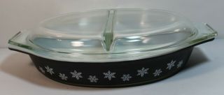 Vintage Pyrex Black W/ White Snowflake 1 1/2 Qt Divided Casserole Dish With Lid