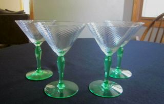 Vintage Vaseline Glass Stemmed Optic Swirl Martini Cordial Glasses - Set Of 4