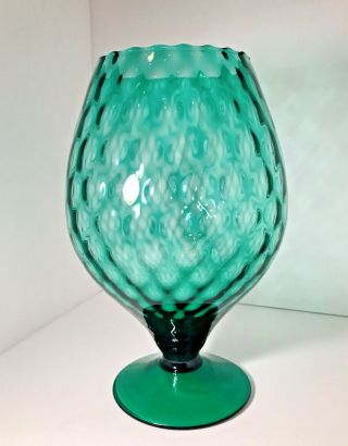 Empoli Style Mid Century Optic Peacock Green Glass Large Brandy Snifter Vase