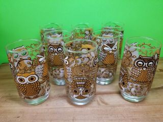 Set Of 8 Vintage Mid Century Modern Brown Yellow Owl Drinking Tumbler Glass 8oz