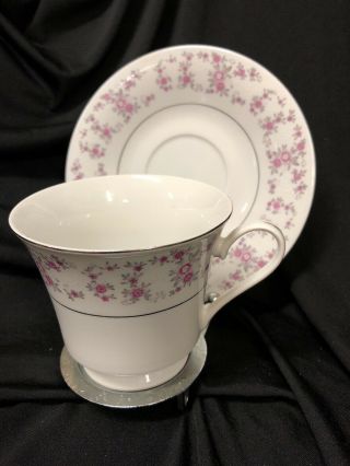 “h” Fine Bone China Pink White Gray Tiny Flowers,  Cup & Saucer Set