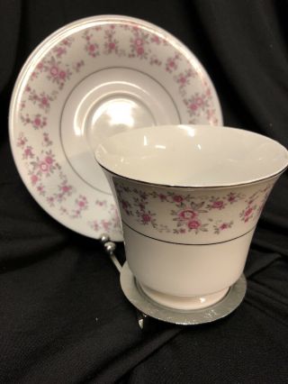 “H” Fine Bone China Pink White Gray Tiny Flowers,  Cup & Saucer Set 2