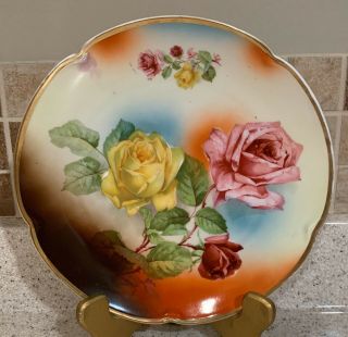 Prince Regent Bavaria Hand Painted Decorative Plate Pink & Yellow Roses 9 1/2”