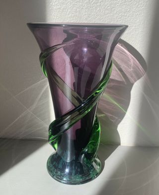 Vintage Teleflora Purple Vase Art Glass Green Vine Hand Blown 9 " Tall