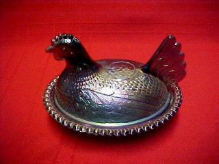 Vtg Blue Iridescent Carnival Glass Chicken On A Nest Candy Dish W/beaded Edges