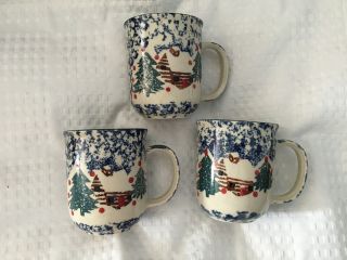 3 Blue Sponge Folk Craft Tienshan Christmas Cabin In The Snow Coffee Mugs Cups