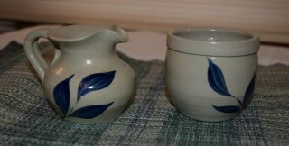 Colonial Williamsburg Salt Glaze Pottery Sugar & Creamer,  Blue Leaf Design,  1994