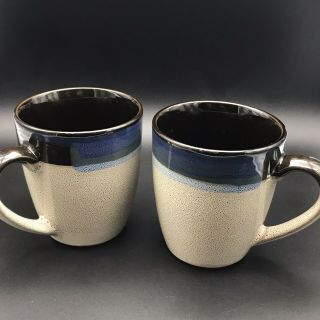 Set 2 Stoneware Coffee Mugs Cups By Gibson Elite Cream Brown Blue