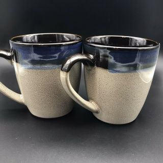 Set 2 Stoneware Coffee Mugs Cups By Gibson Elite Cream Brown Blue 2
