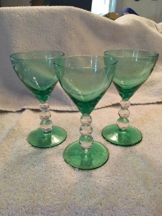 (3) Vintage Bryce Glass Aristocrat - Crystal Green & Clear 5” Cordial Stem