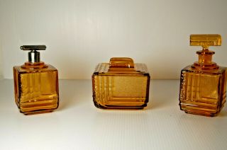 Vintage Art Deco Amber Glass Dressing Table Vanity Bottles And Trinket Pot 1930s