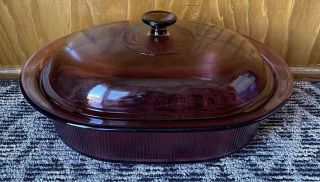 Pyrex V - 34 - B Visions Cranberry 4 Qt Ribbed Oval Casserole Roaster W/lid Corning
